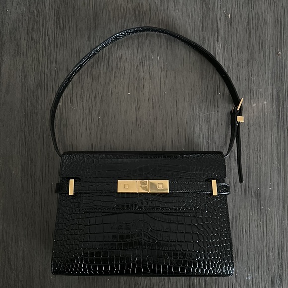 Yves Saint Laurent Black Croc-Embossed Shoulder Bag - Picture 1 of 16